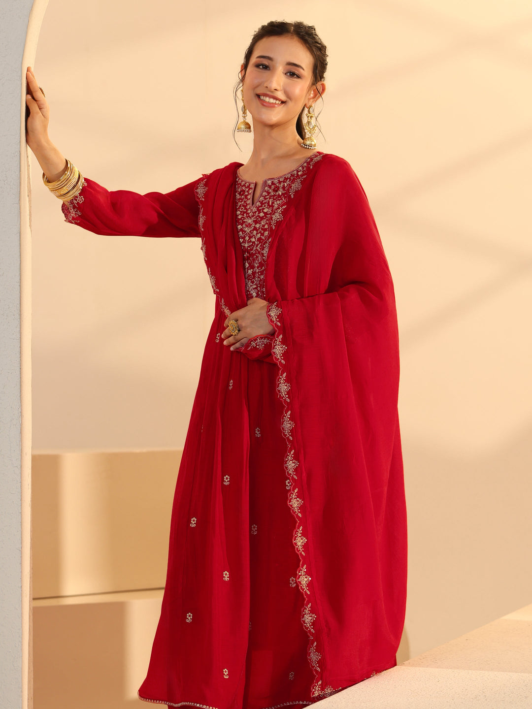 Libas Red Floral Embellished Chanderi Cotton A-Line Suit Set