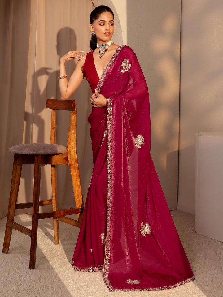 Libas Red Floral Embellished Tissue Saree