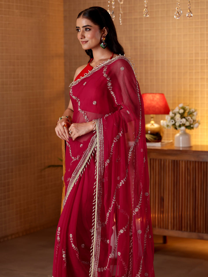 Libas Red Floral Embroidered Chiffon Saree