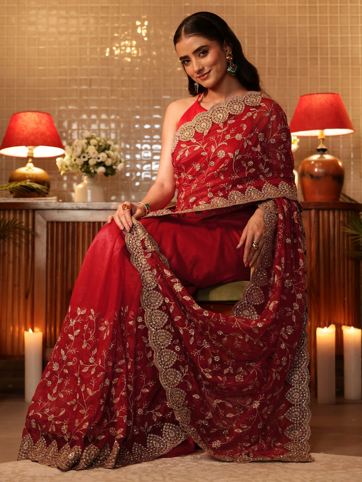 Libas Red Floral Embroidered Net Saree
