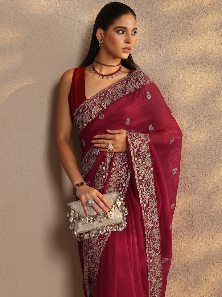 Red Paisley Embroidered Silk Blend Saree With Unstitched Blouse Piece