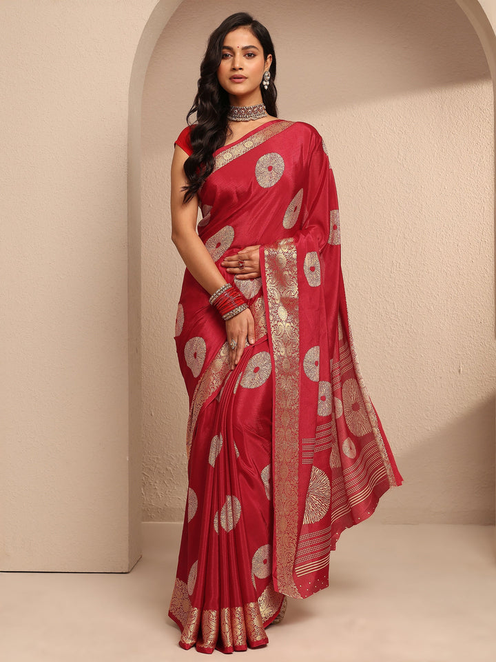Red Printed Silk Blend Banarasi Saree With Unstitched Blouse Piece