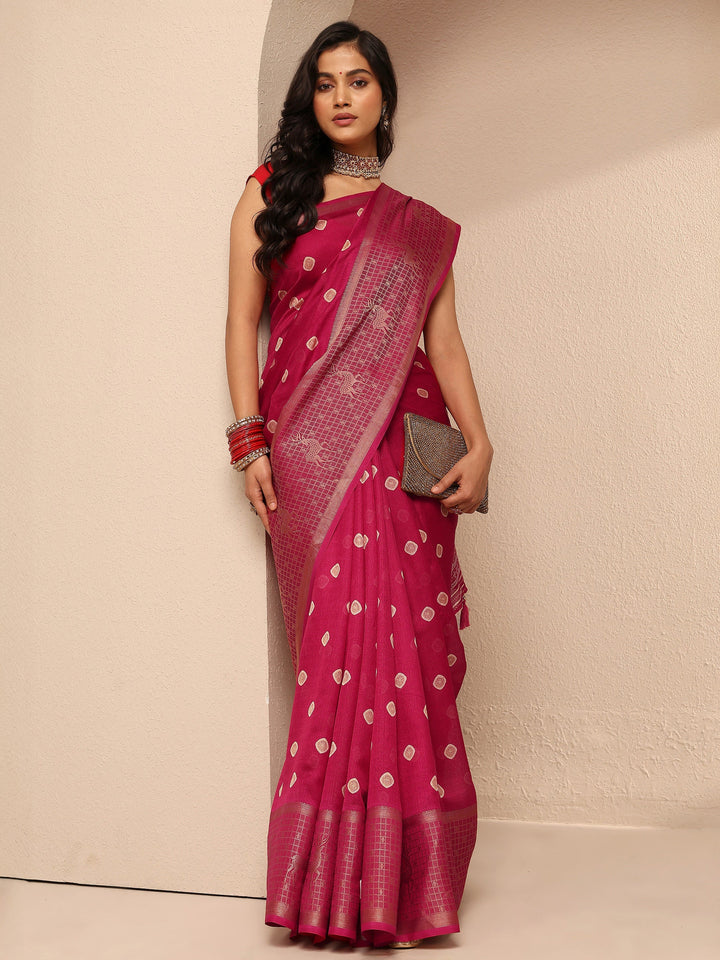 Red Printed Silk Blend Saree With Unstitched Blouse Piece