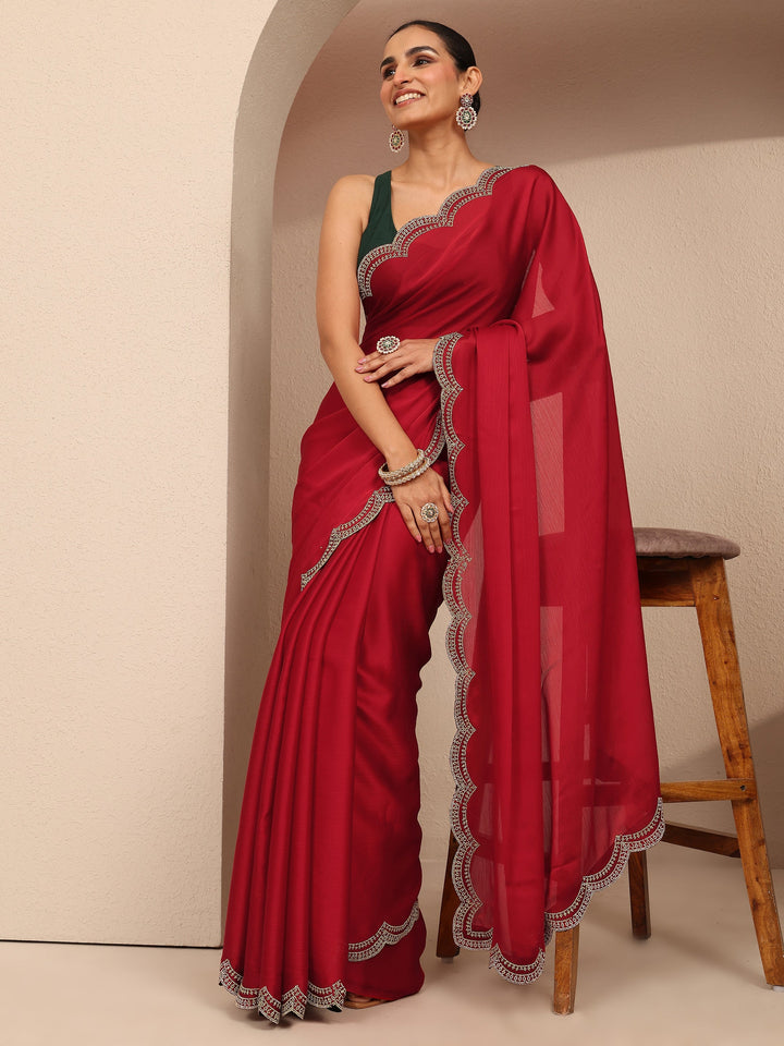 Red Solid Silk Blend Saree With Unstitched Blouse Piece