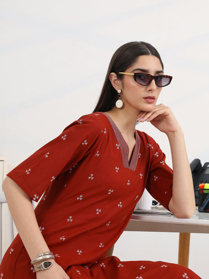 Libas Red Woven Design Cotton Blend A-Line Kurta Set