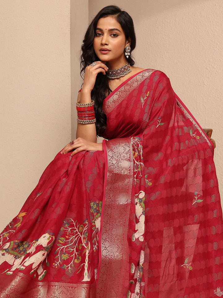 Red Woven Design Silk Blend Saree With Unstitched Blouse Piece