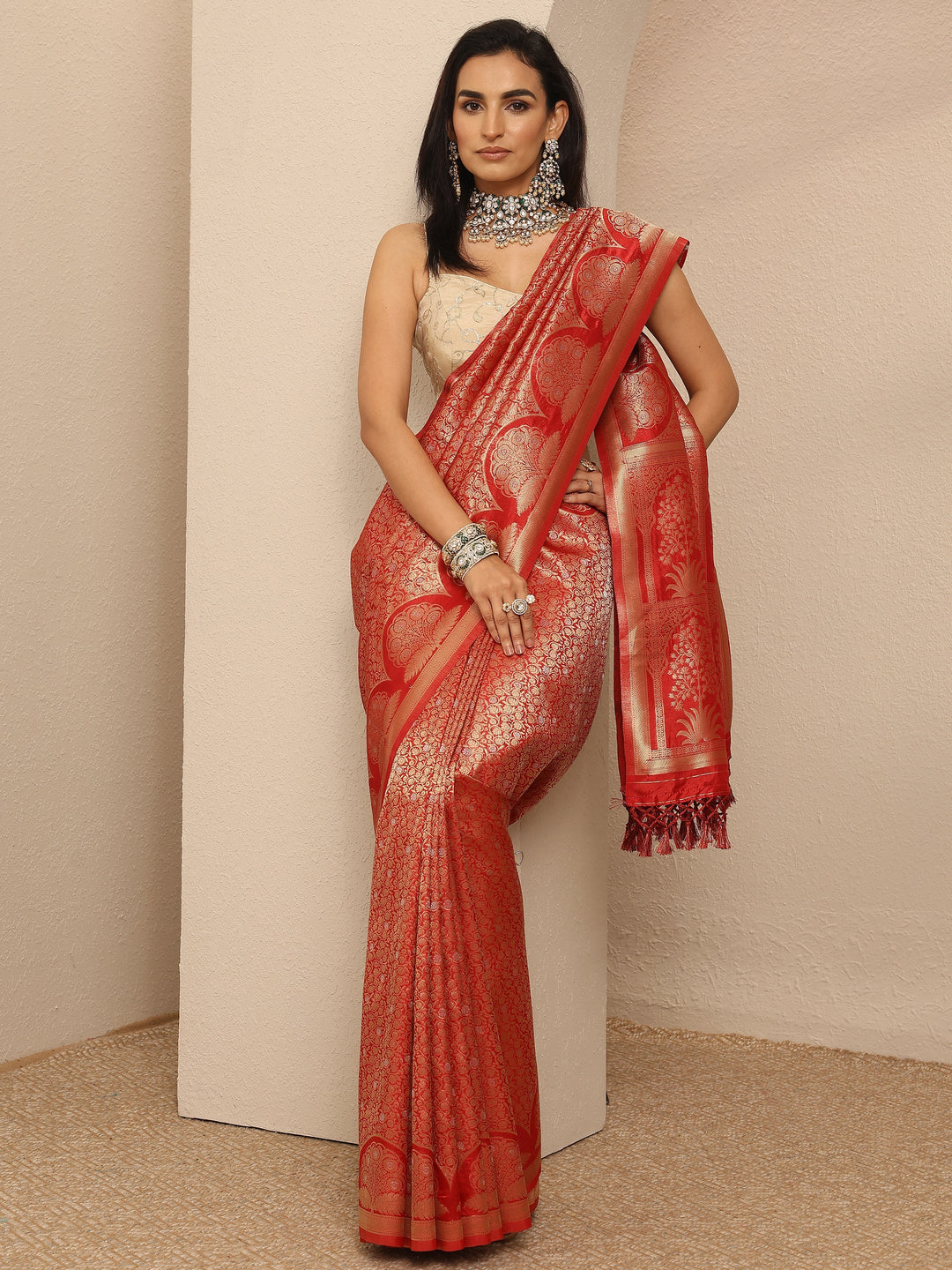 Libas Red Woven Design Silk Blend Saree With Unstitched Blouse Piece