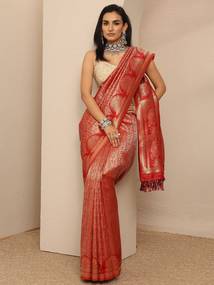 Libas Red Woven Design Silk Blend Saree With Unstitched Blouse Piece