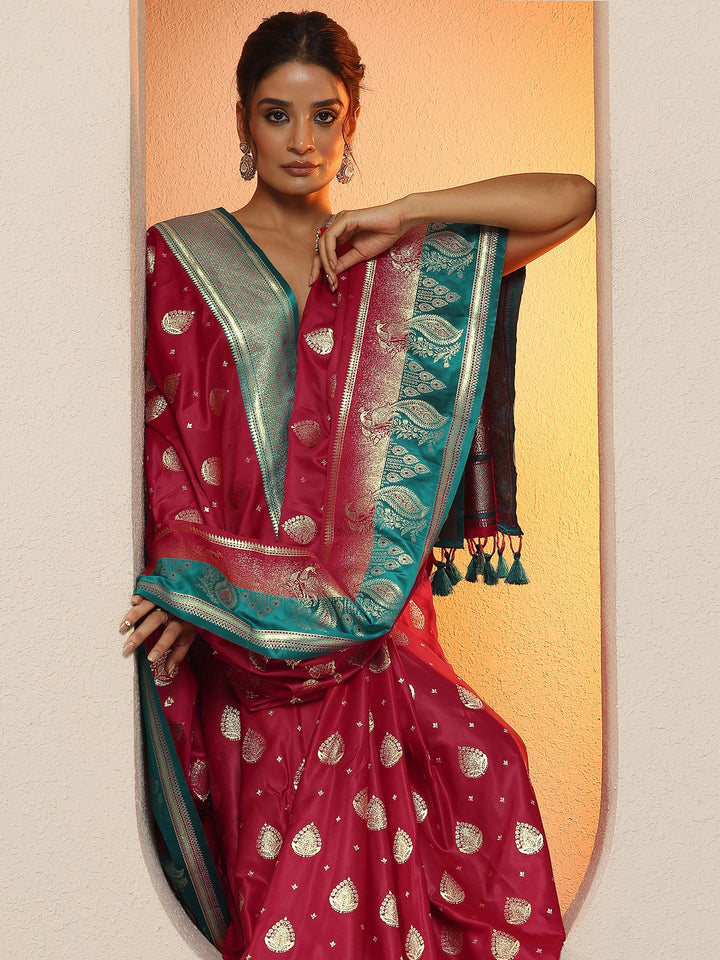 Red Woven Design Silk Blend Sarees With Unstitched Blouse Piece