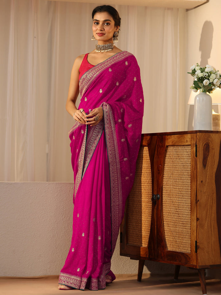 Libas Rose Pink Floral Embellished Silk Blend Saree