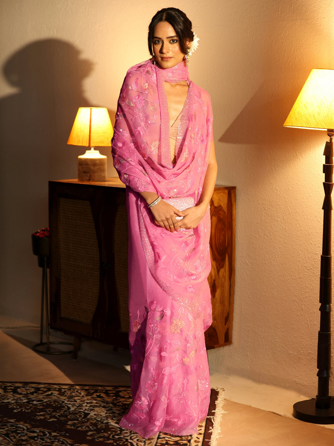 Libas Rose Pink Floral Embroidered Chiffon Saree