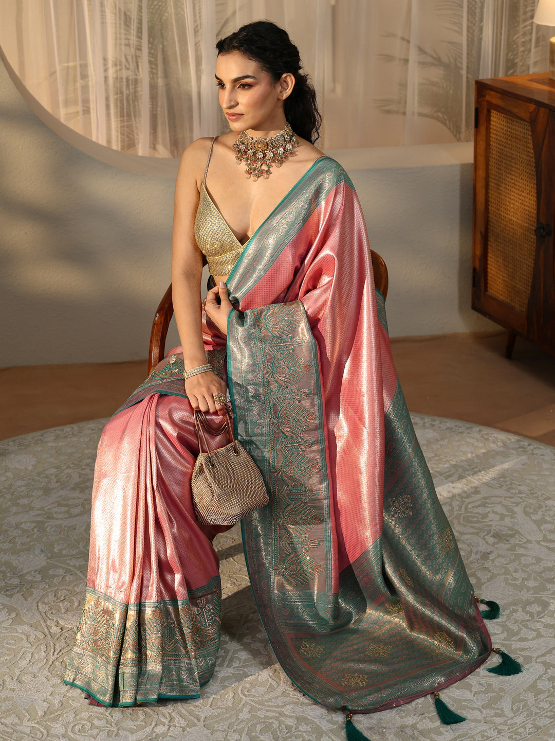 Libas Rose Pink Silk Blend Saree with Woven Border