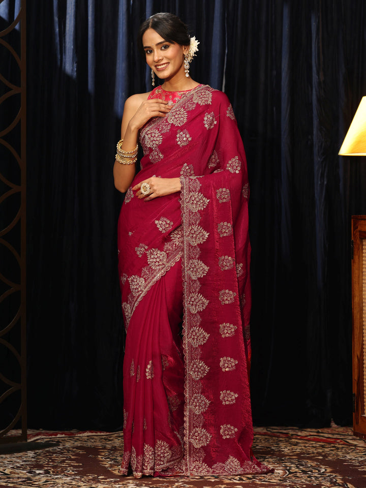 Libas Rose Red Floral Embellished Tissue Saree