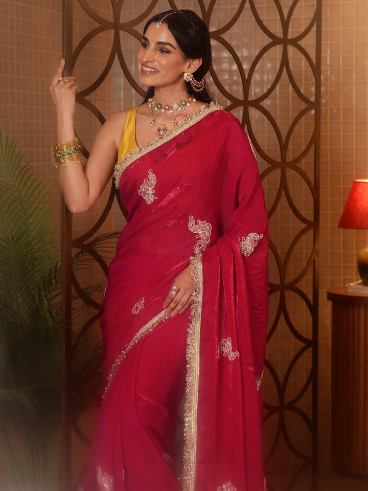 Libas Ruby Red Embellished Silk Blend Saree