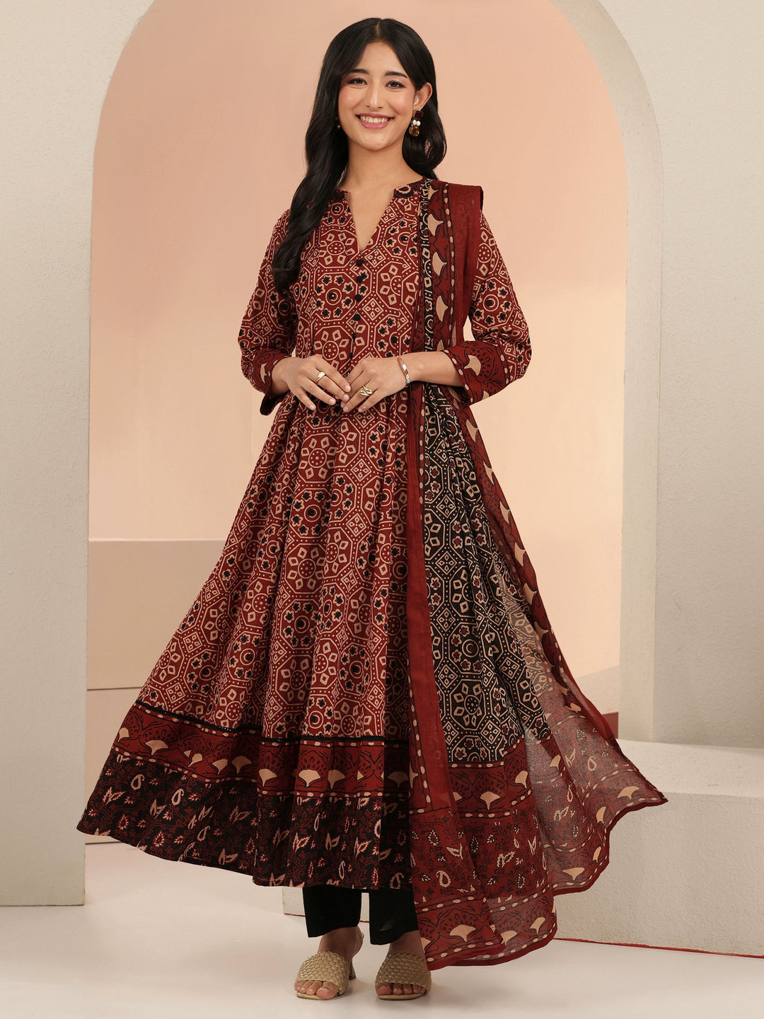 Libas Rust Ajrakh Printed Cotton Anarkali Suit Set