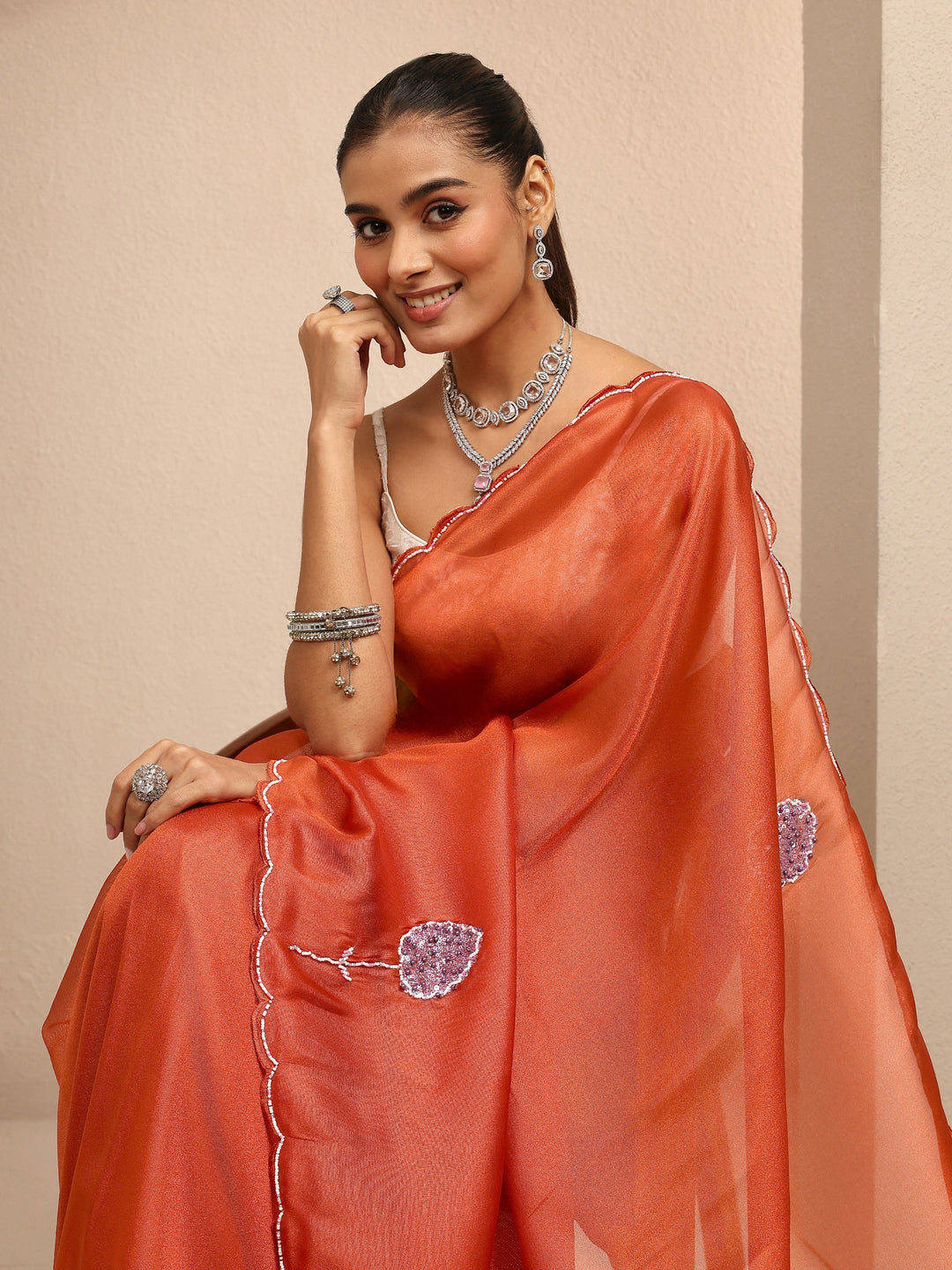 Rust Embellished Silk Blend Saree With Unstitched Blouse Piece