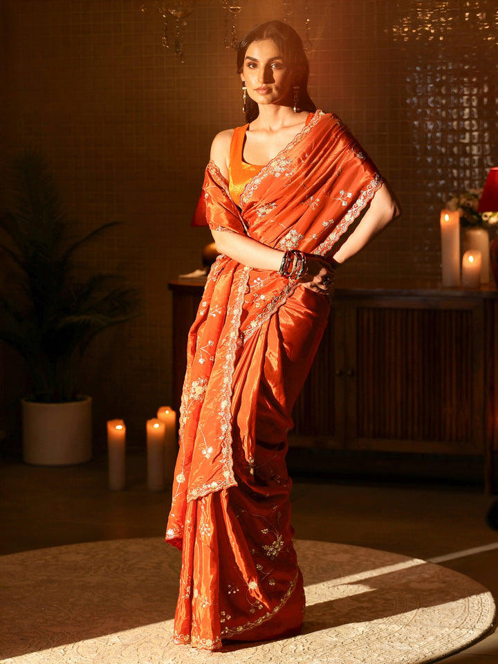 Libas Rust Embellished Silk Blend Saree