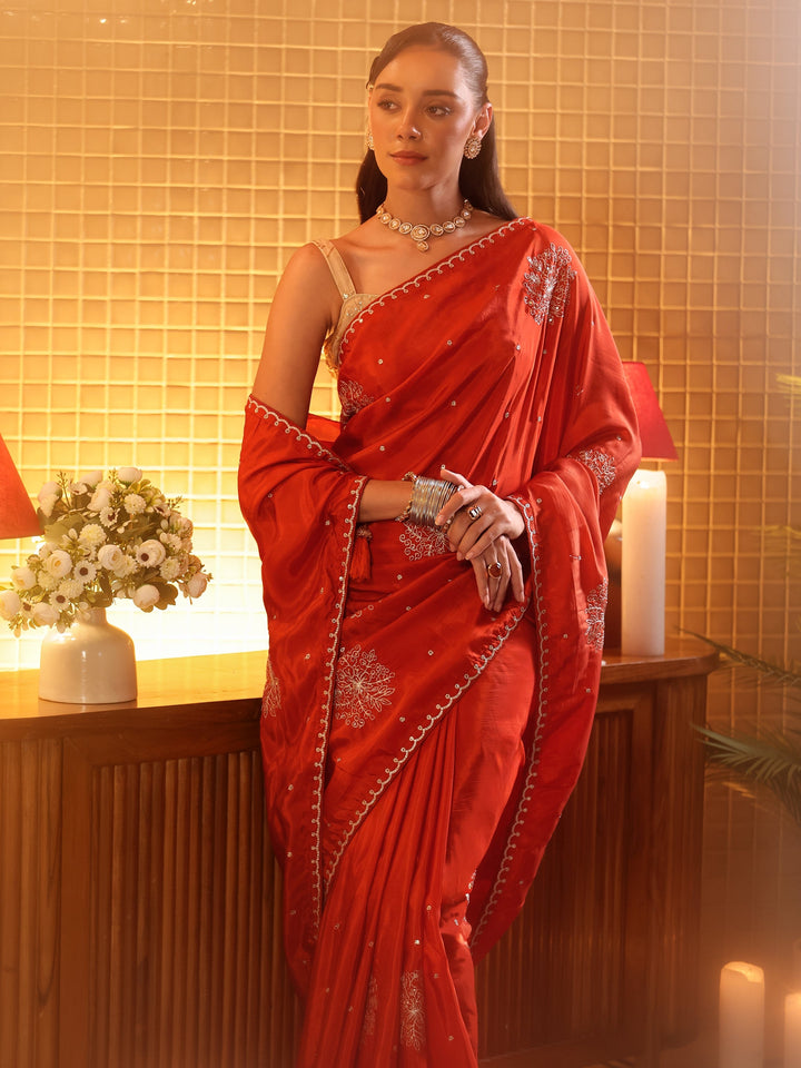 Rust Floral Embroidered Silk Blend Saree
