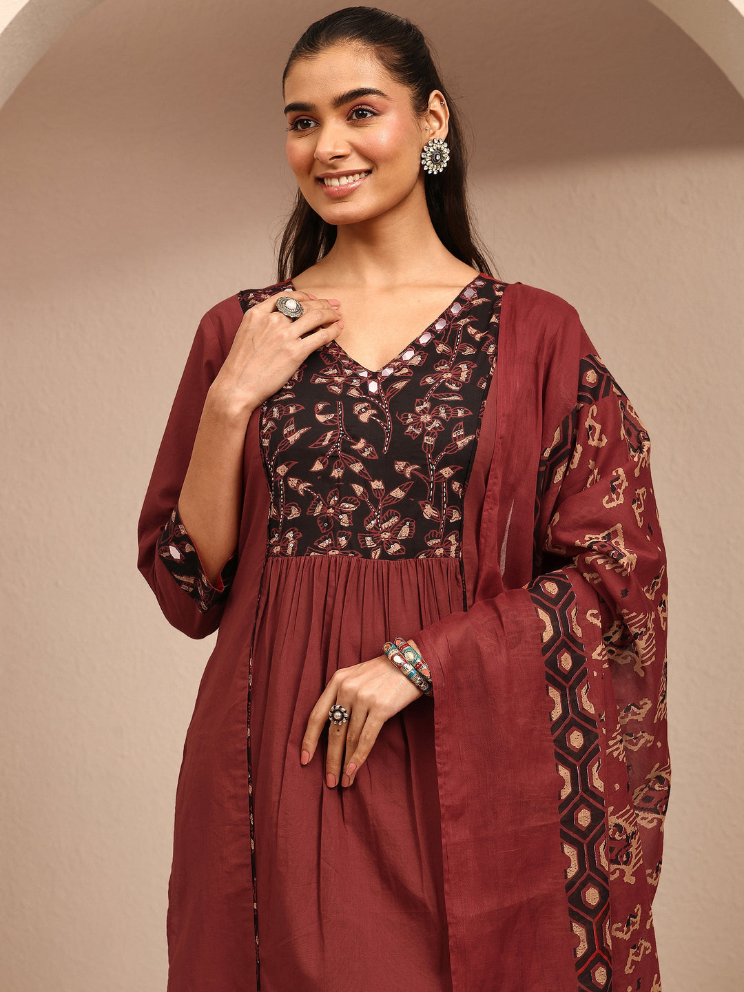 Libas Rust Printed Cotton A-Line Suit Set With Dupatta