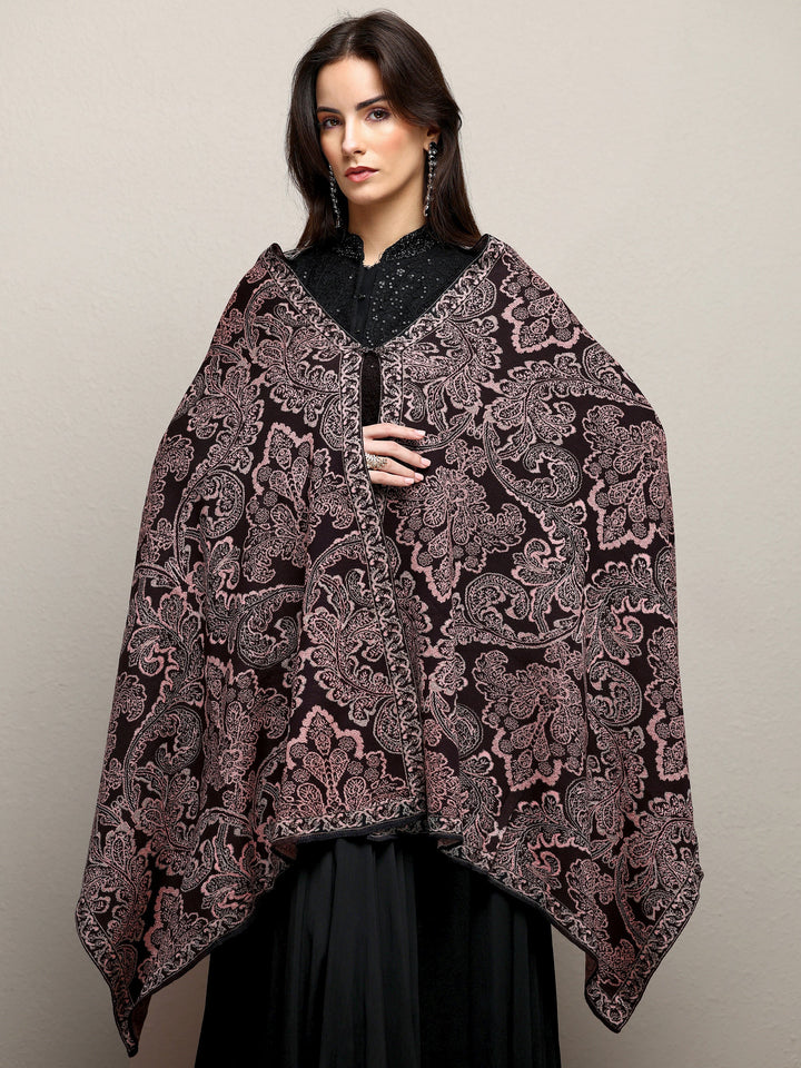 Black Woven Design Wool Wrap Shawl 