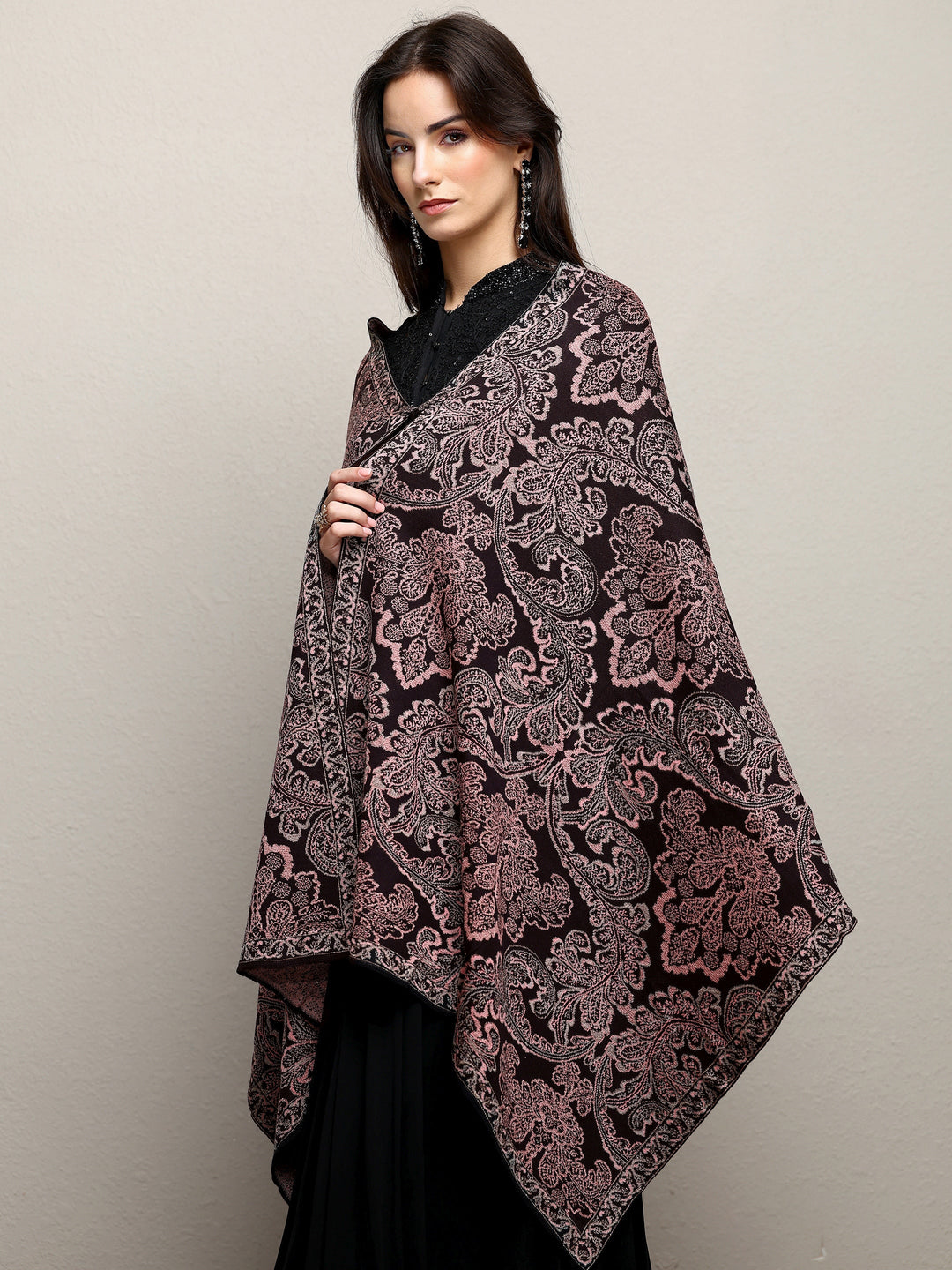 Black Woven Design Wool Wrap Shawl 
