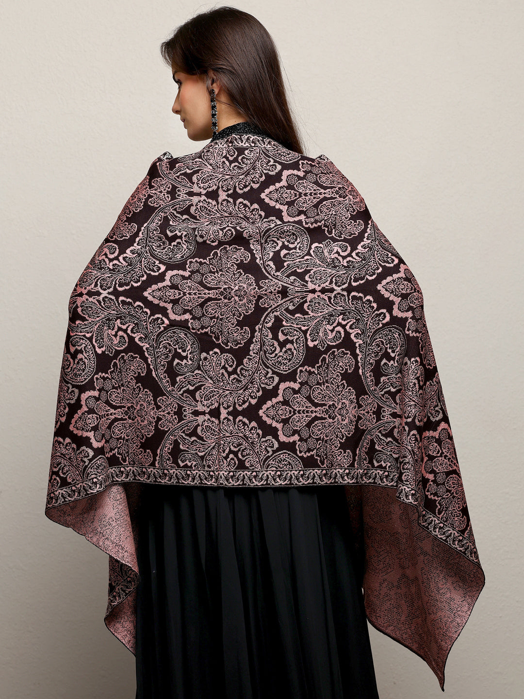 Black Woven Design Wool Wrap Shawl 