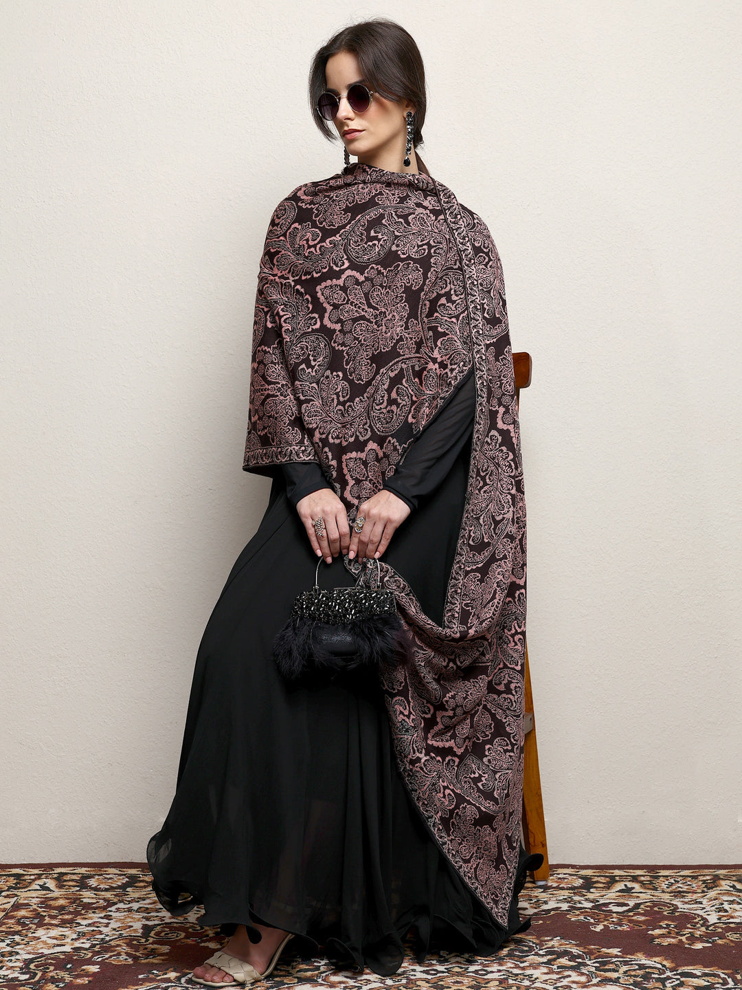 Black Woven Design Wool Wrap Shawl 