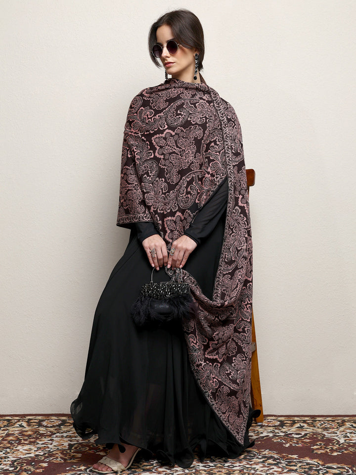 Black Woven Design Wool Wrap Shawl 