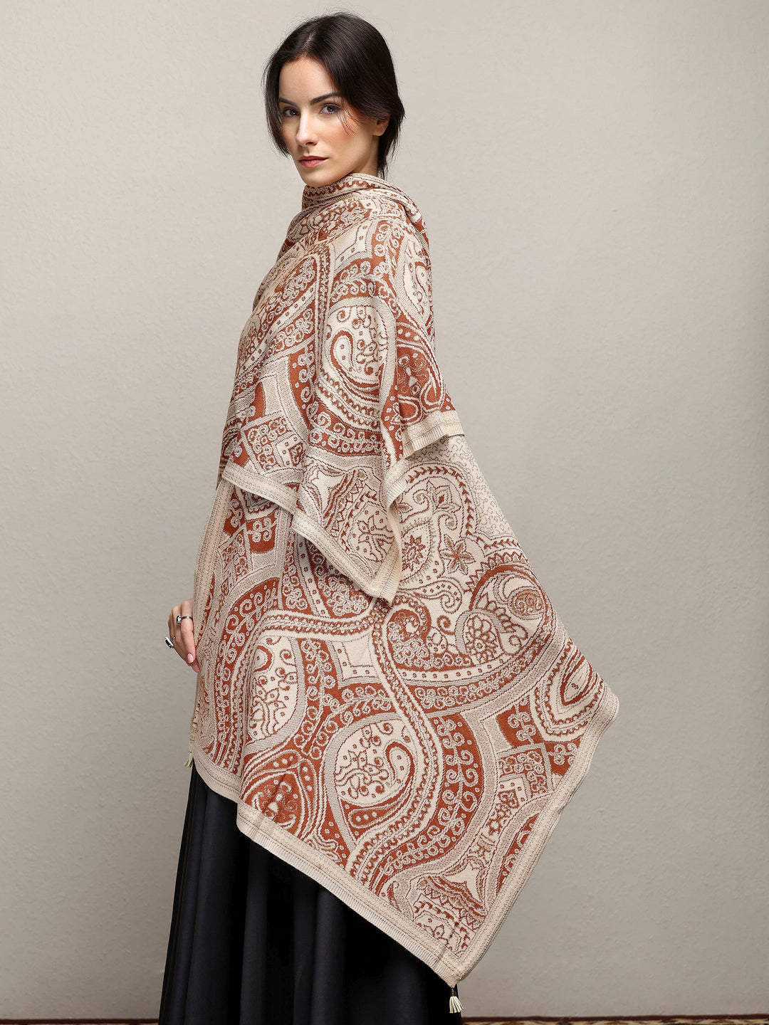 Beige Woven Design Wool Women'S Shawl