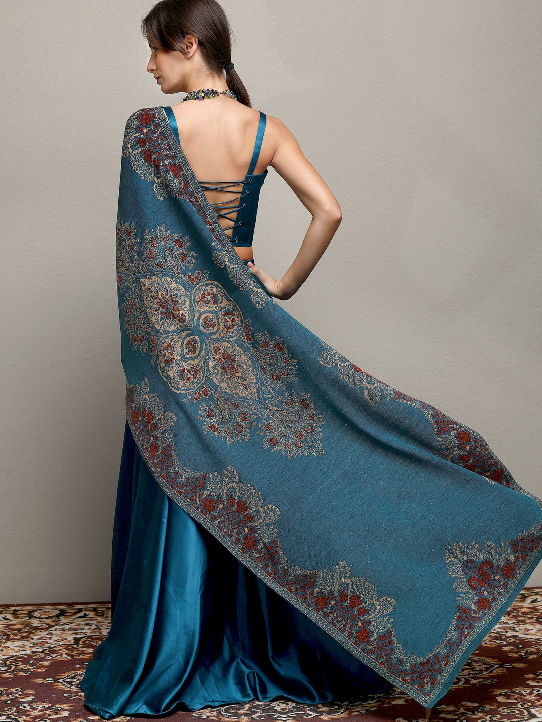 Teal Woven Design Wool Wrap Shawl 