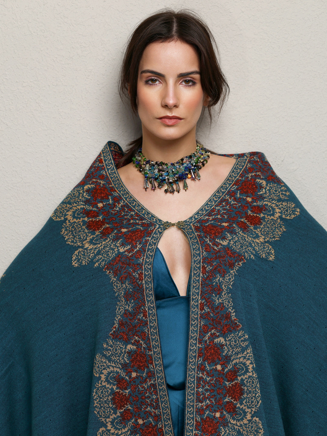 Teal Woven Design Wool Wrap Shawl 