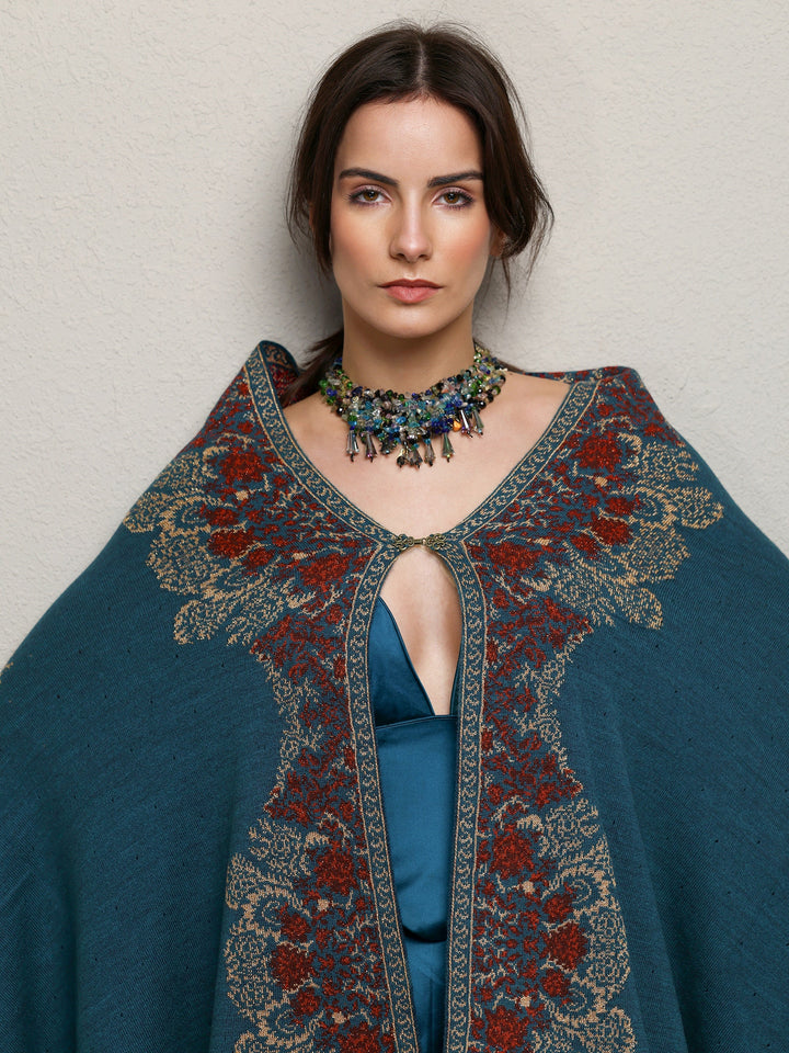 Teal Woven Design Wool Wrap Shawl 