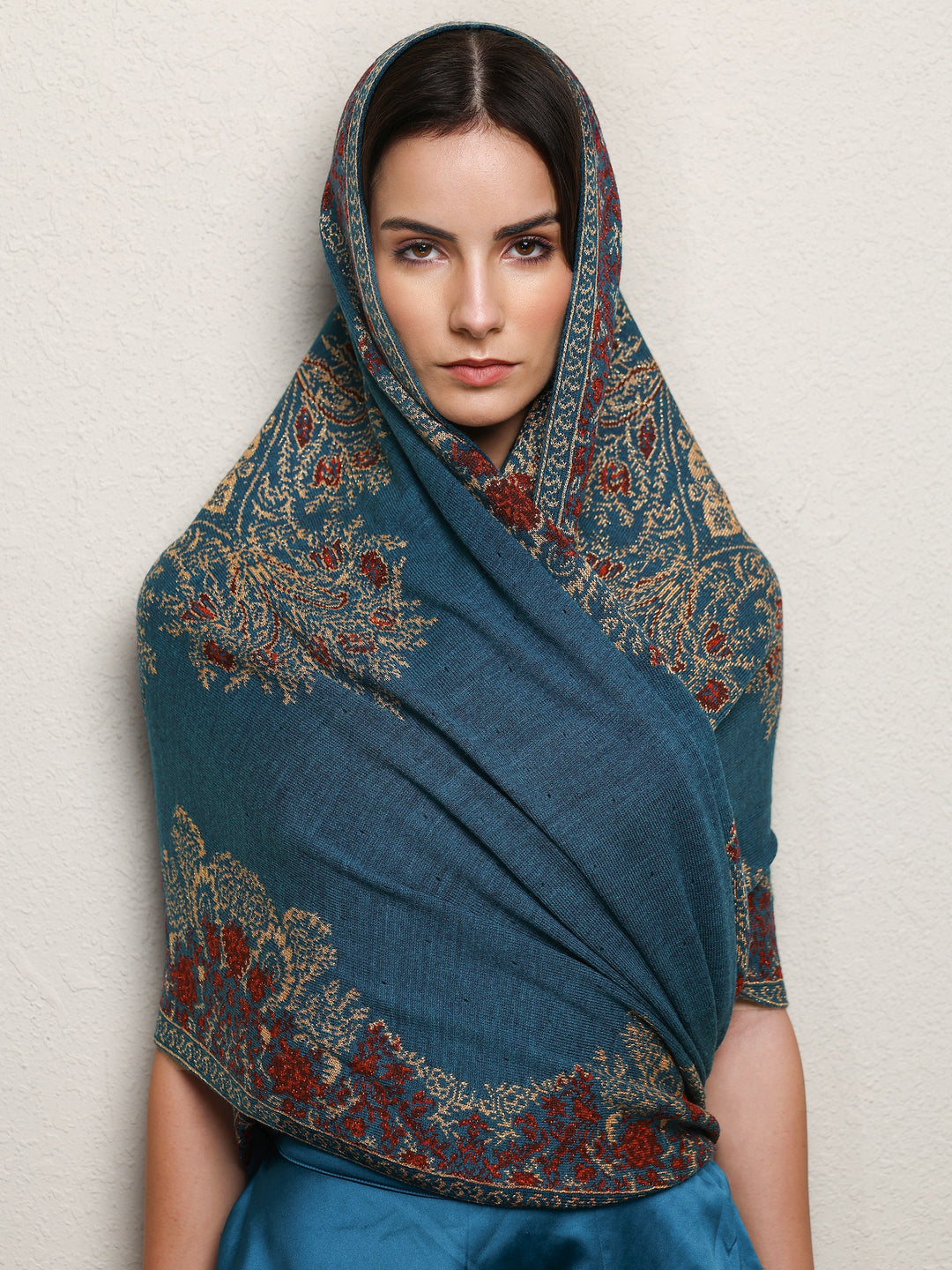 Teal Woven Design Wool Wrap Shawl 