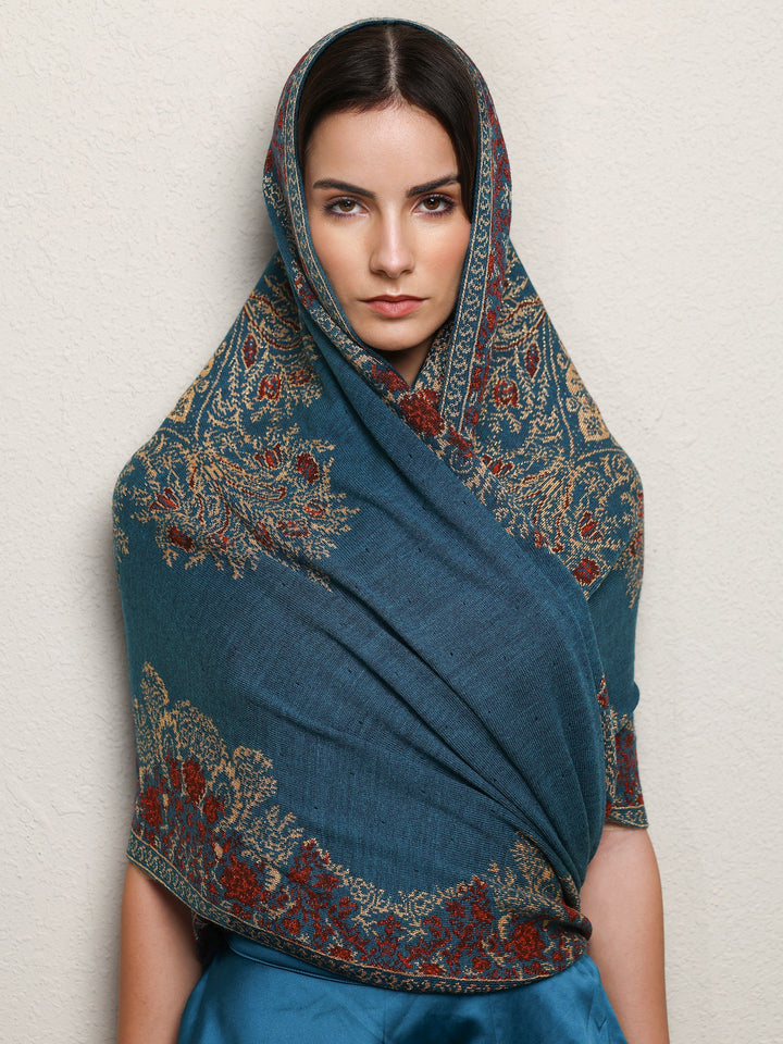 Teal Woven Design Wool Wrap Shawl 