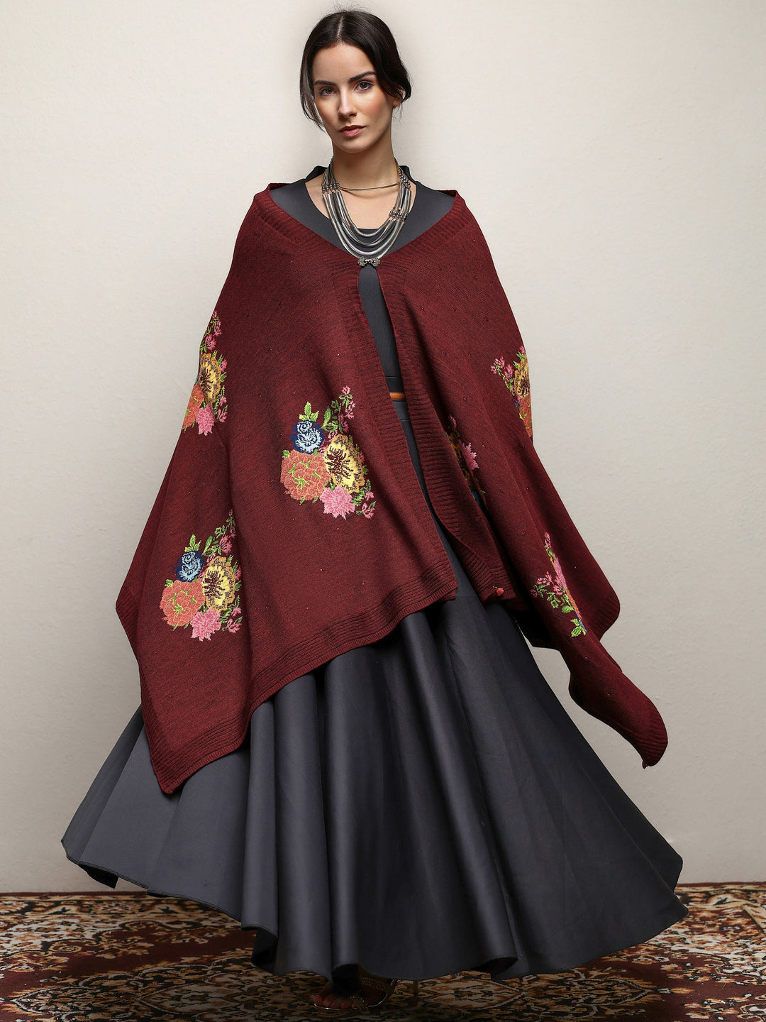 Maroon Woven Design Wool Wrap Shawl 