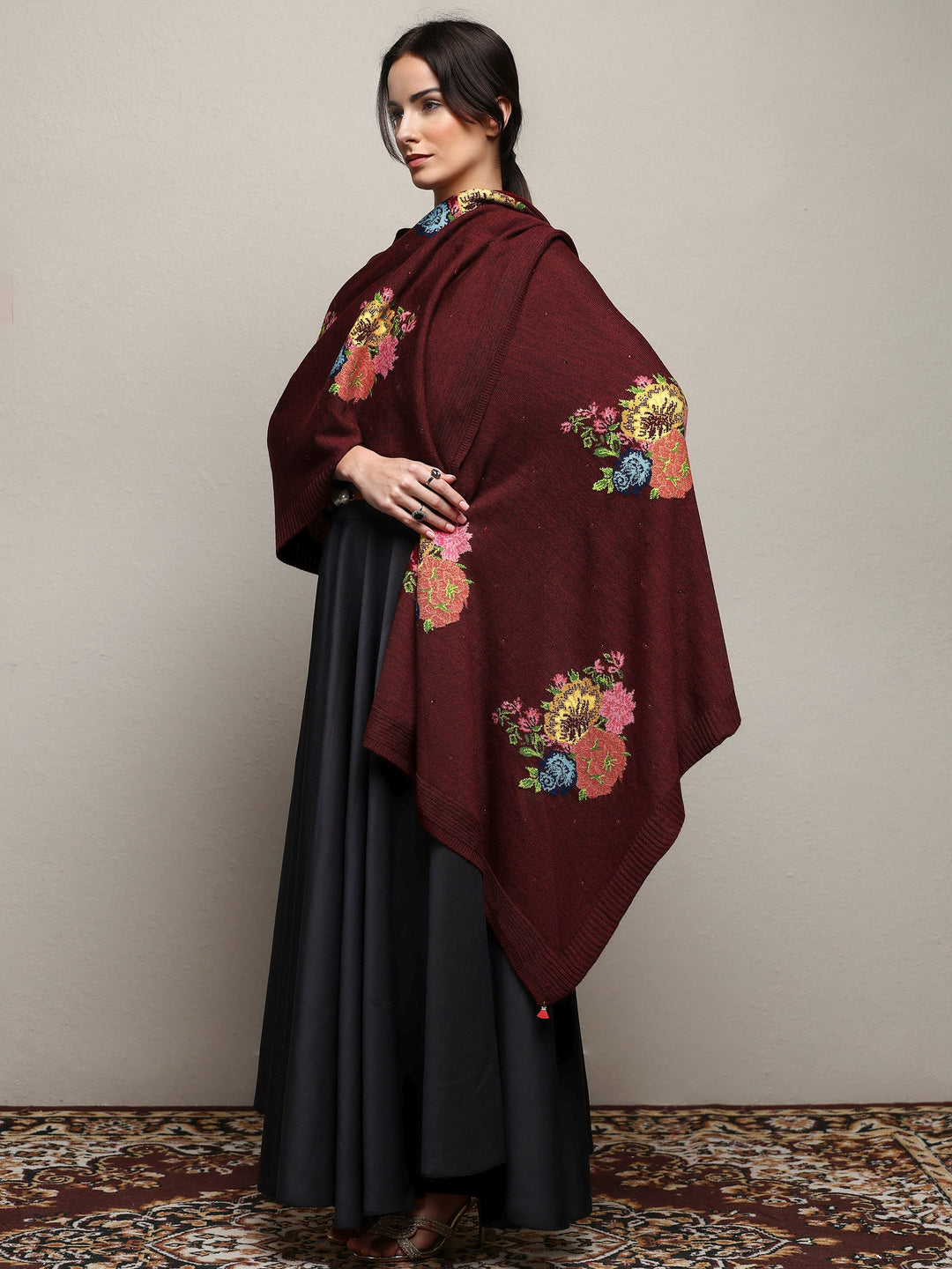 Maroon Woven Design Wool Wrap Shawl 