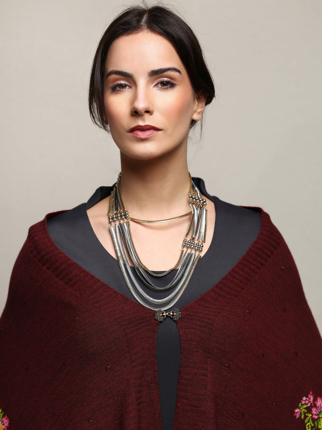 Maroon Woven Design Wool Wrap Shawl 