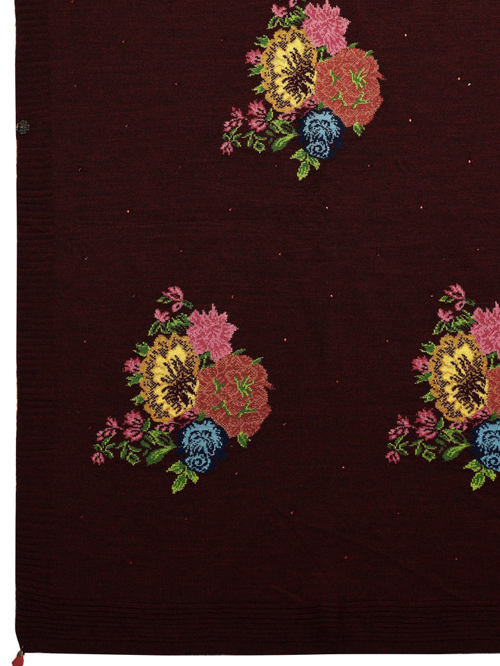 Maroon Woven Design Wool Wrap Shawl 