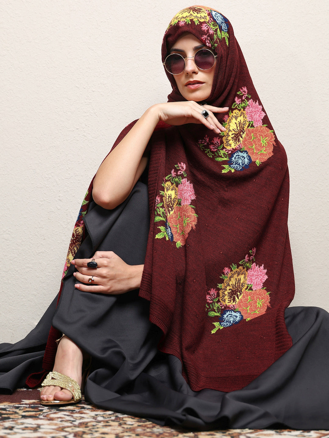 Maroon Woven Design Wool Wrap Shawl 