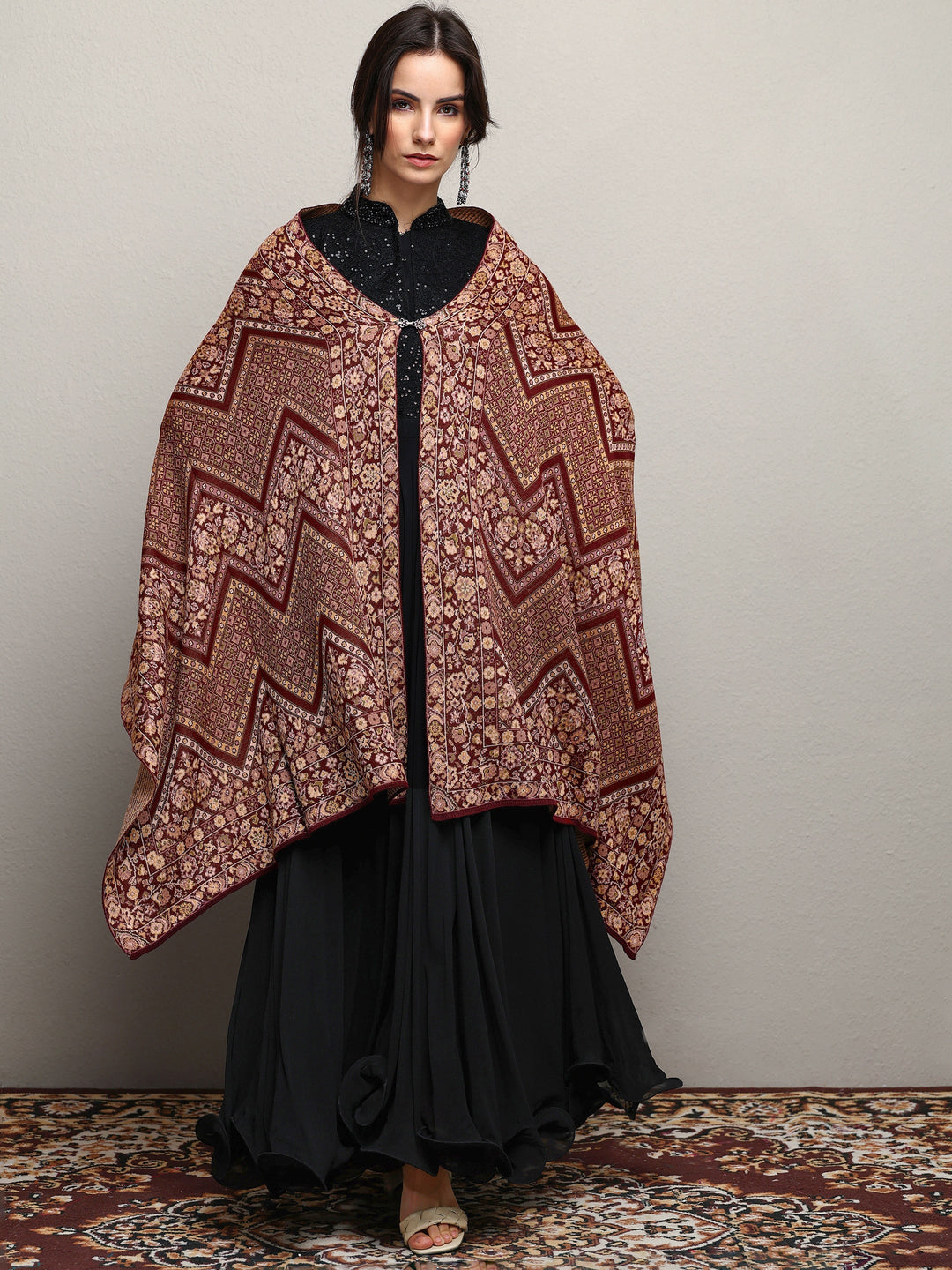 Maroon Woven Design Wool Wrap Shawl 