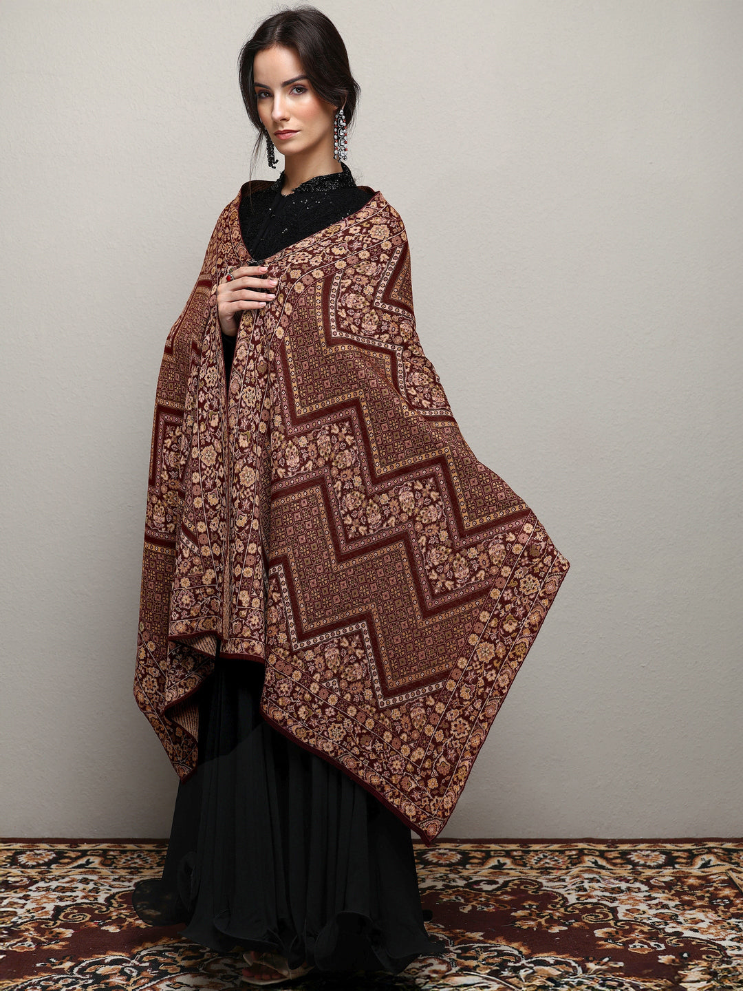 Maroon Woven Design Wool Wrap Shawl 