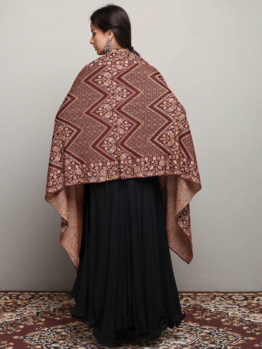 Maroon Woven Design Wool Wrap Shawl 