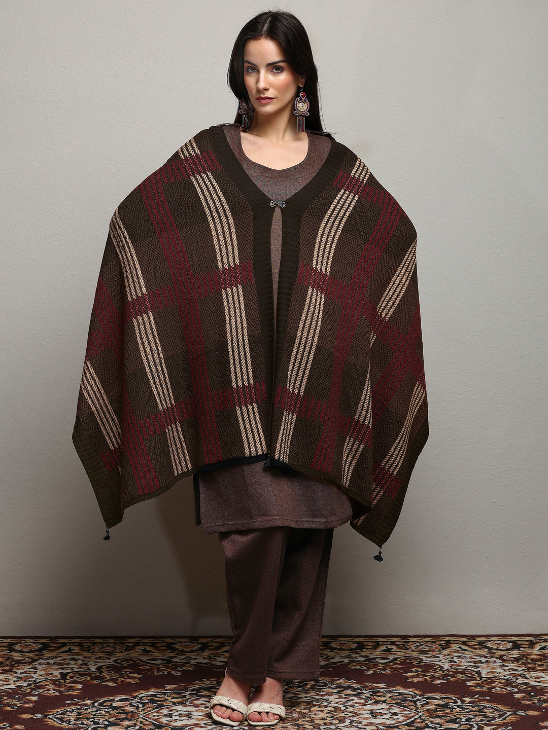 Black Woven Design Wool Wrap Shawl 