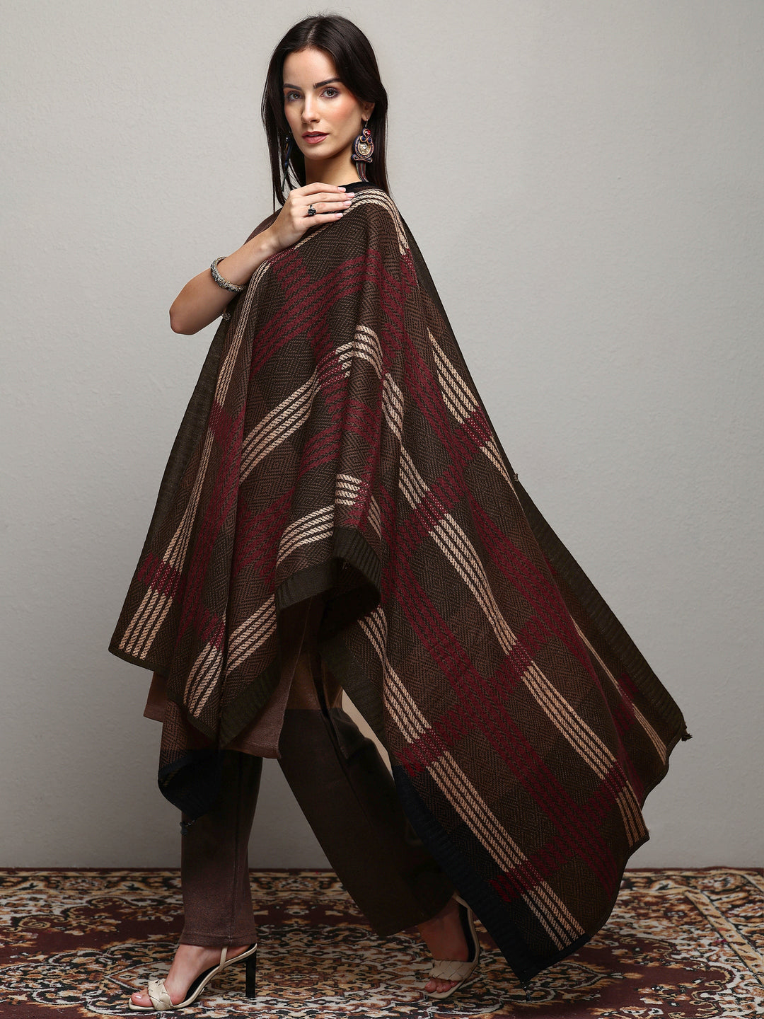 Black Woven Design Wool Wrap Shawl 