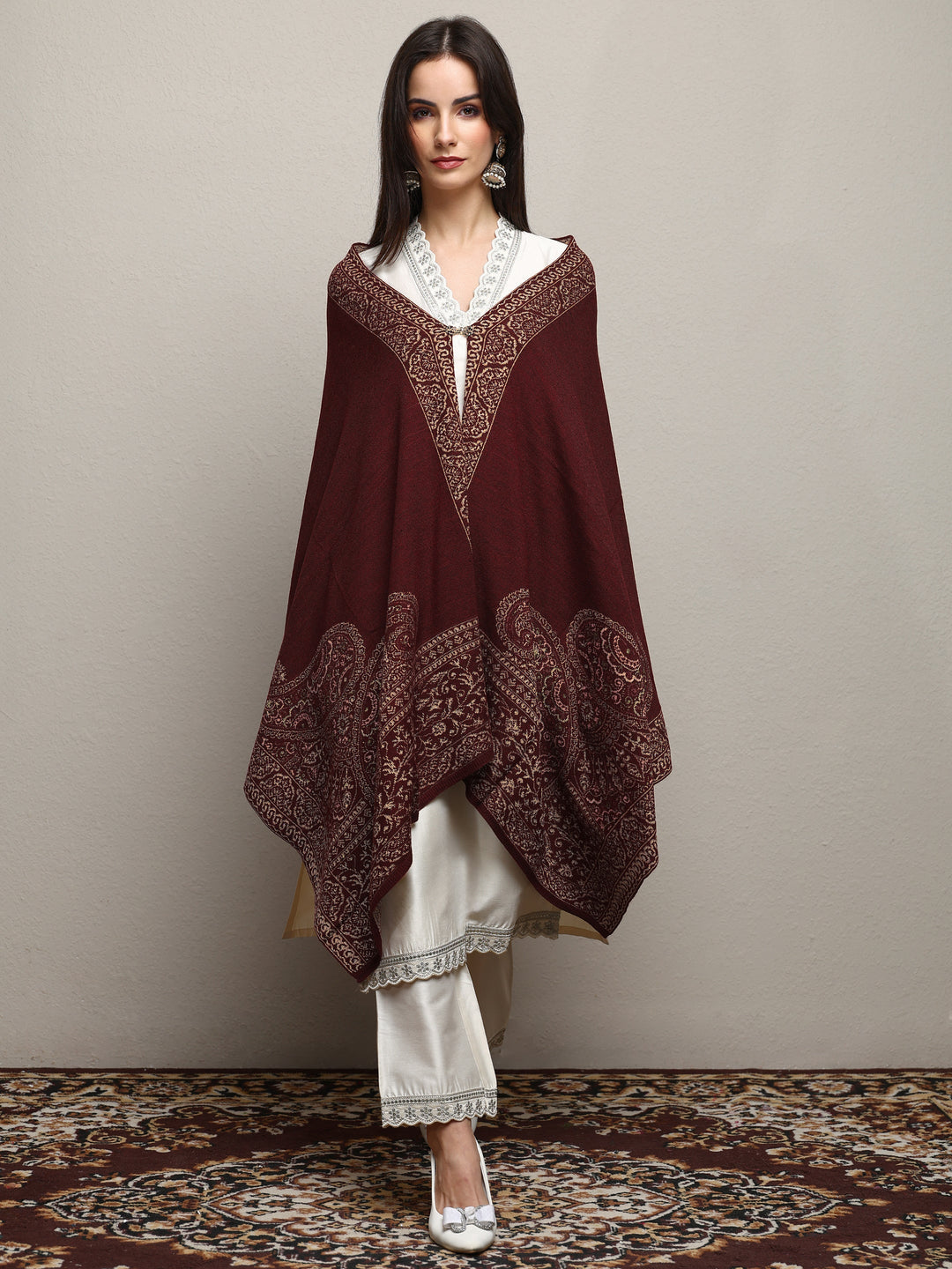Maroon Woven Design Wool Wrap Shawl 