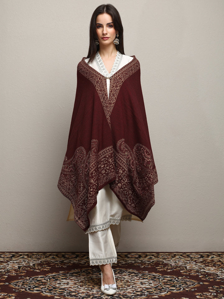 Maroon Woven Design Wool Wrap Shawl 