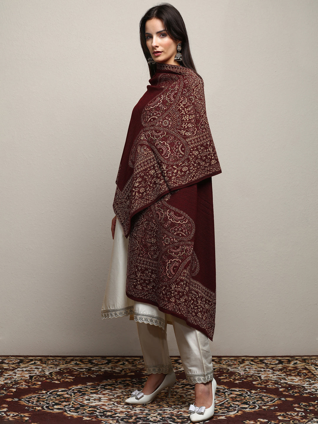 Maroon Woven Design Wool Wrap Shawl 