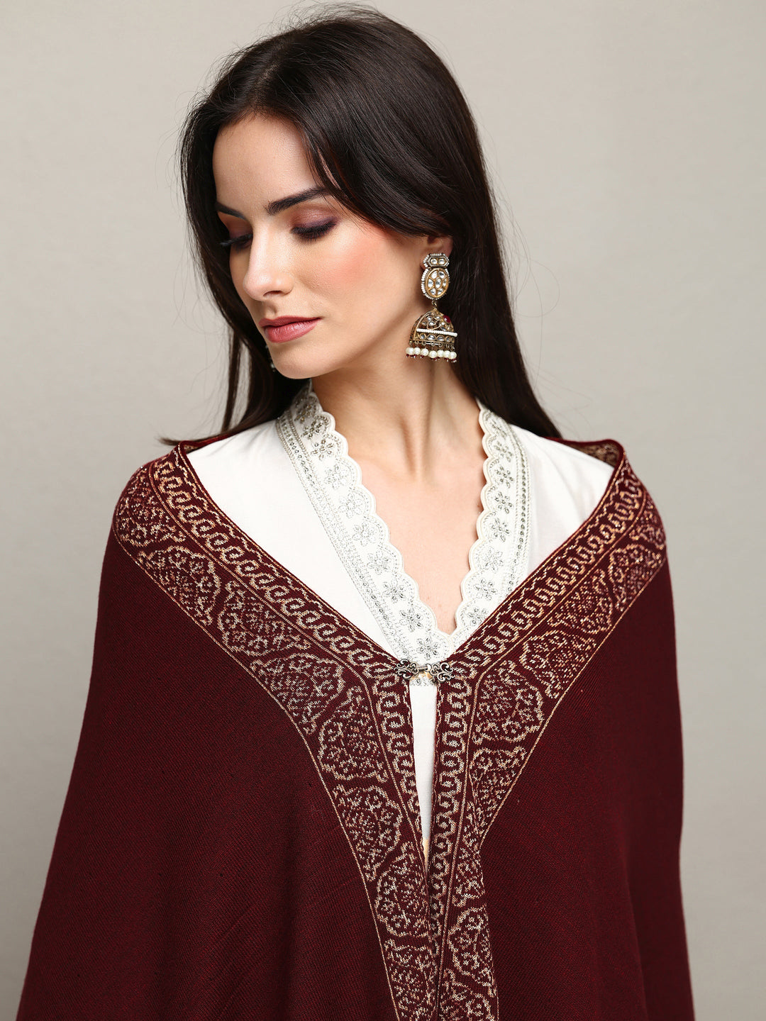 Maroon Woven Design Wool Wrap Shawl 