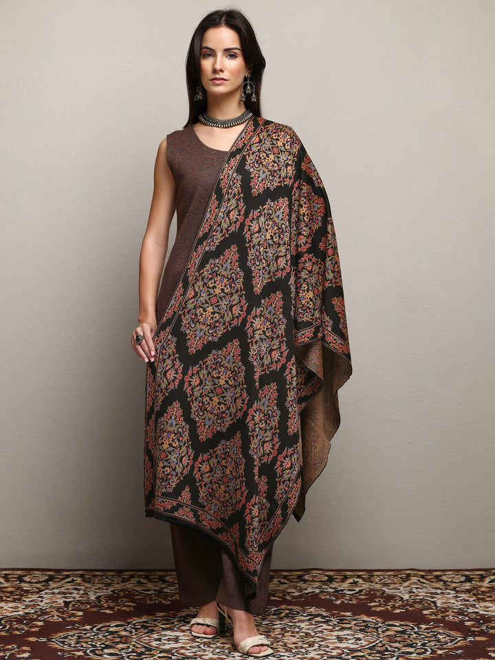 Black Woven Design Wool Women'S Shawl