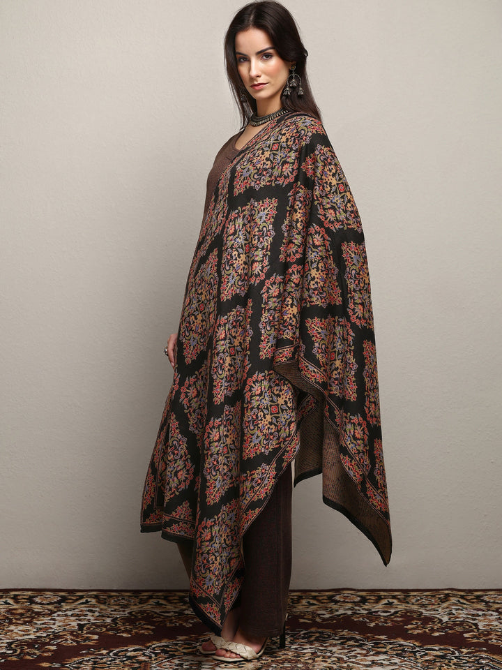 Black Woven Design Wool Women'S Shawl